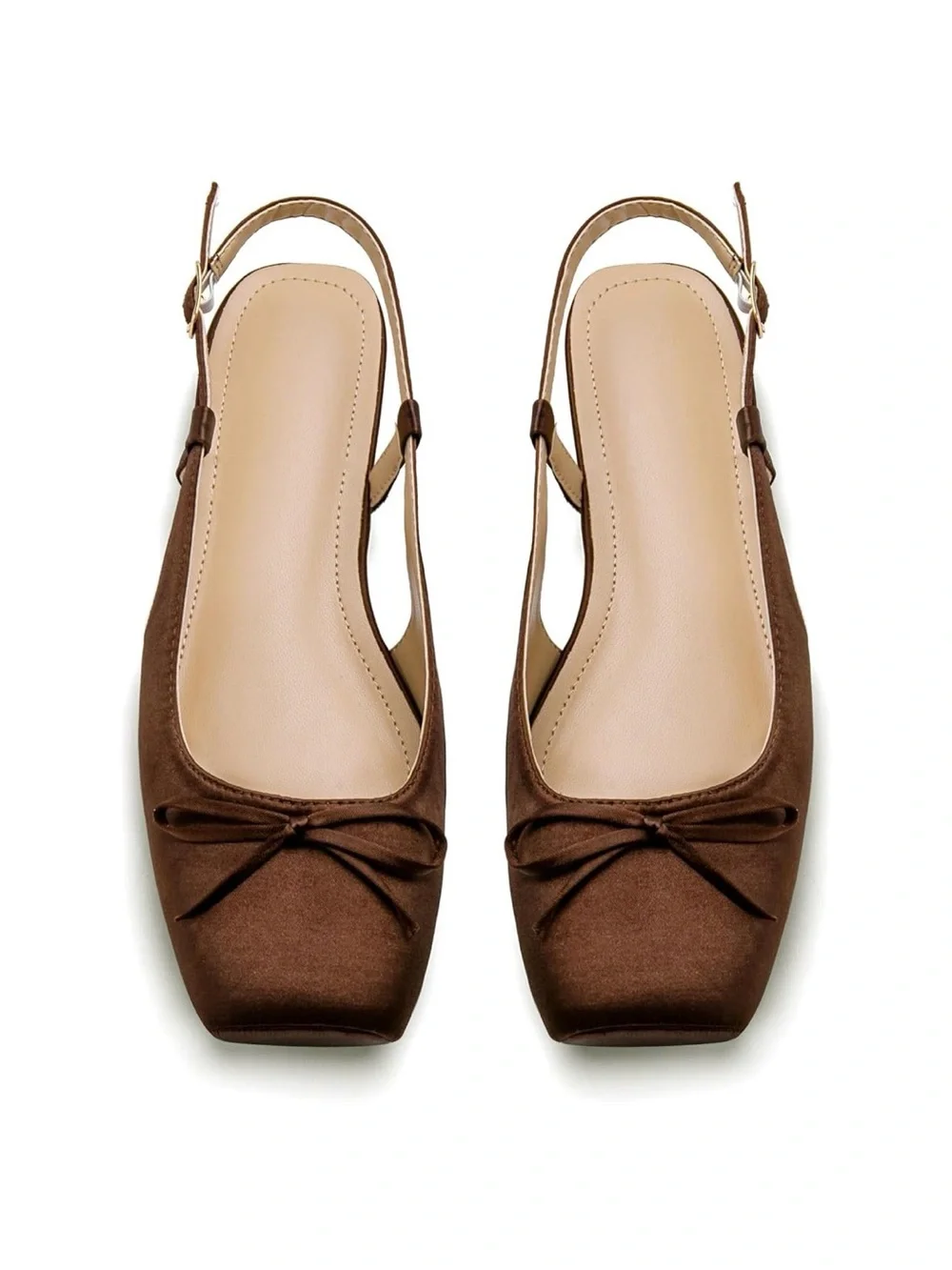 Brown Square-Toe Slingback Flats heels with Bow Accent